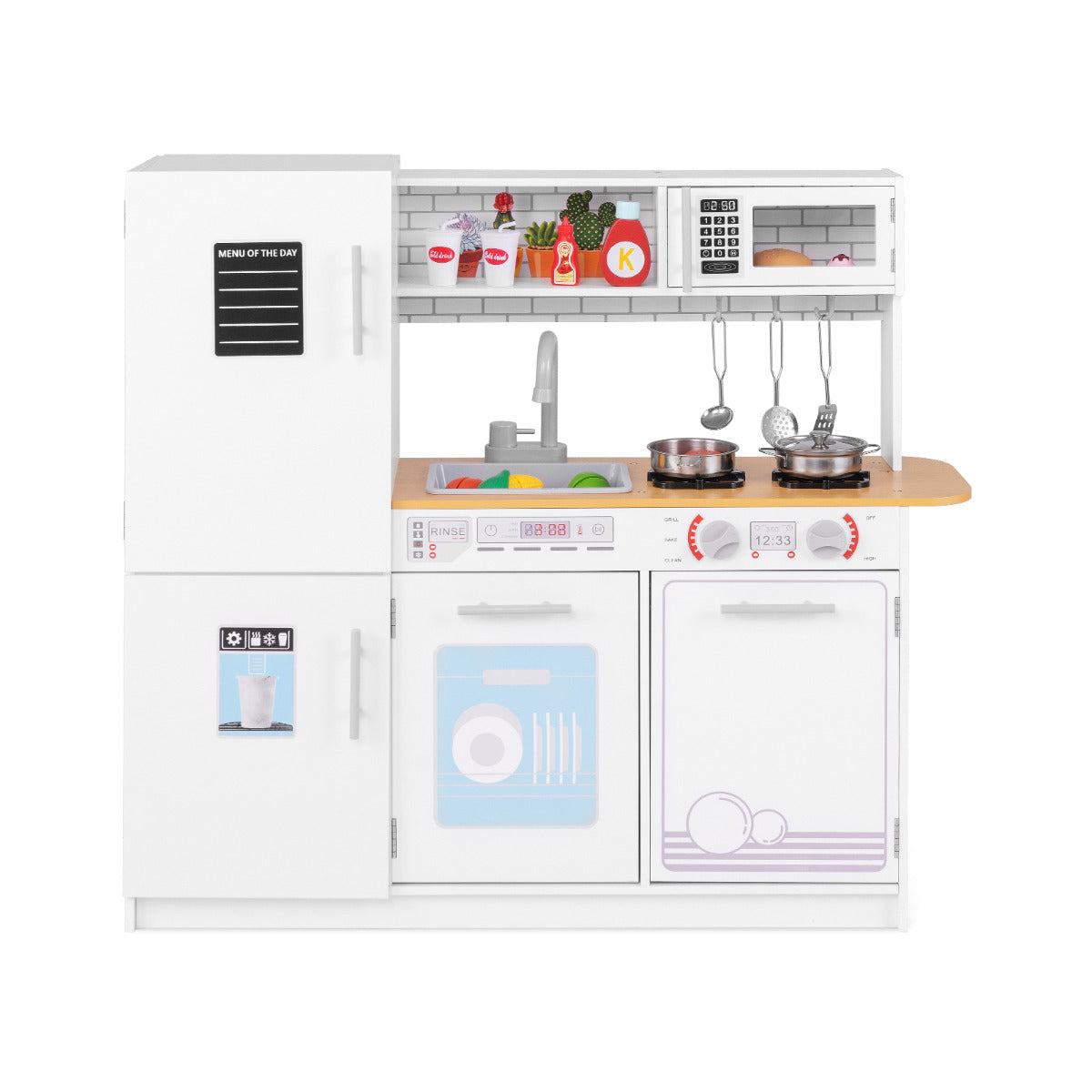Toddler Pretend Kitchen Toy Set with Stoves and Oven, a white play kitchen with a fridge, oven, sink and microwave