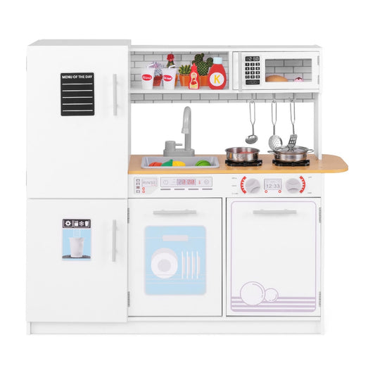 Toddler Pretend Kitchen Toy Set with Stoves and Oven, a white play kitchen with a fridge, oven, sink and microwave