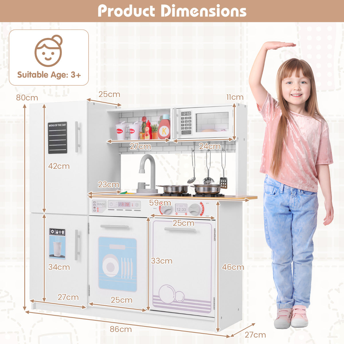 Product dimensions diagram for the white play kitchen set, showing measurements and suitable age