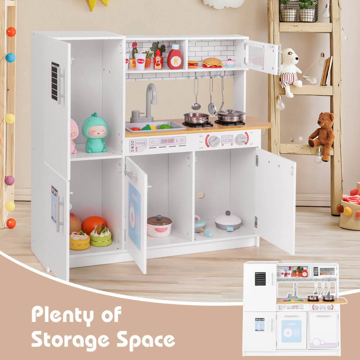 The white play kitchen set with doors and cupboards open, showing ample storage space