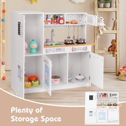 The white play kitchen set with doors and cupboards open, showing ample storage space