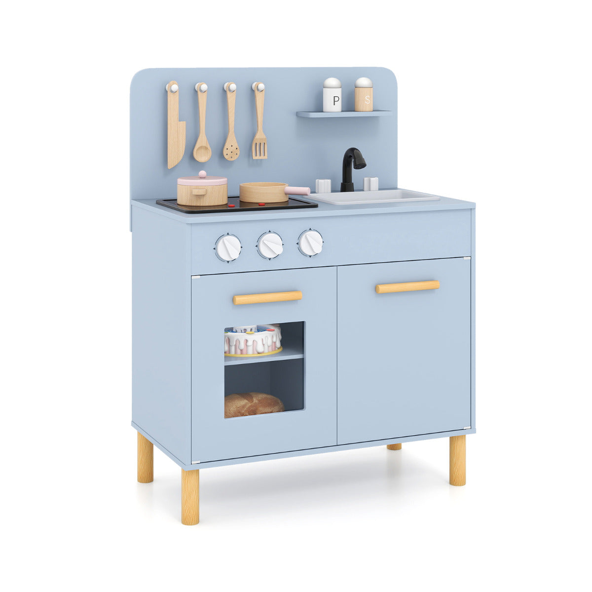 Toddler Pretend Play Kitchen in blue with wooden utensils and a sink