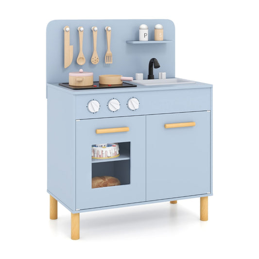Toddler Pretend Play Kitchen in blue with wooden utensils and a sink