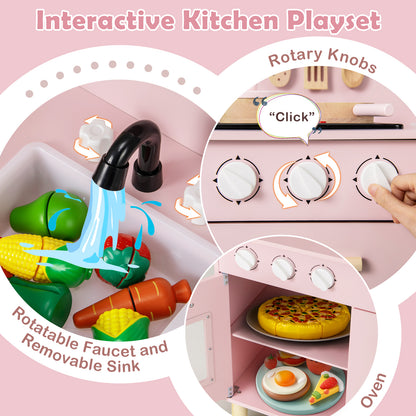 The play kitchen set showing the rotating faucet sink and clicking oven control knobs
