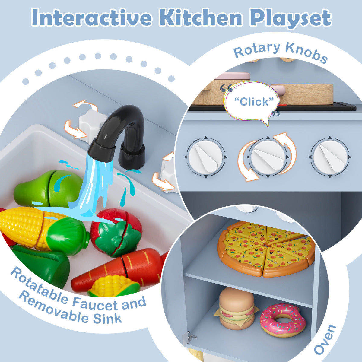 Blue toddler pretend play kitchen with a rotatable faucet, removable sink and toy food