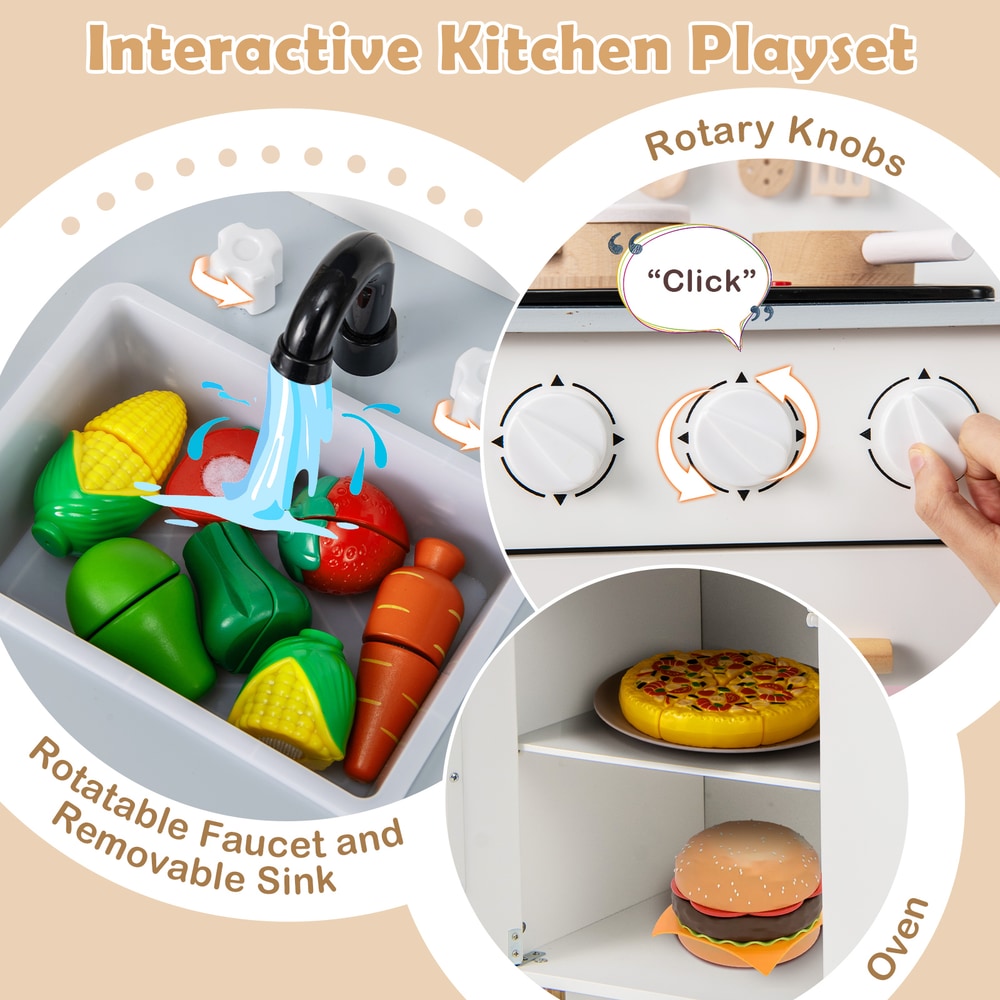 Close up of the sink and faucet with toy food on the play kitchen
