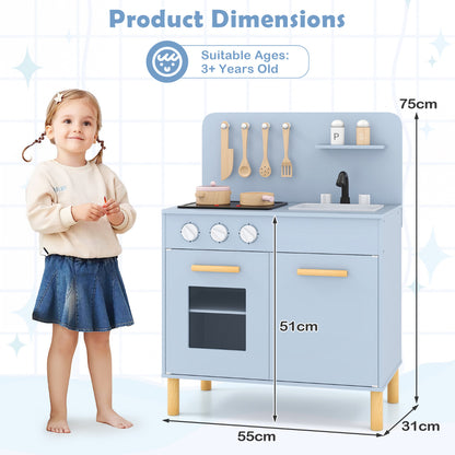 Blue play kitchen set with dimensions indicated