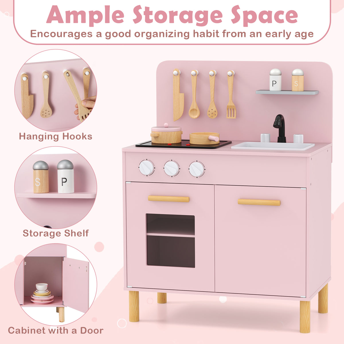 The play kitchen set highlighting the hanging hooks storage shelf and cabinet space