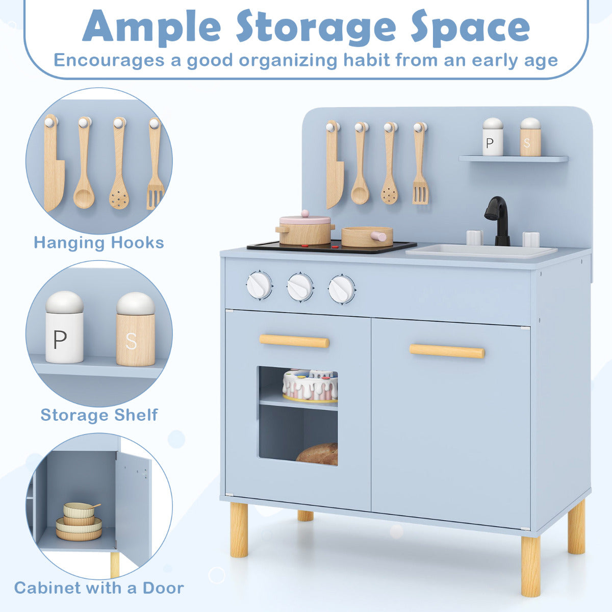 Blue play kitchen set showing storage features