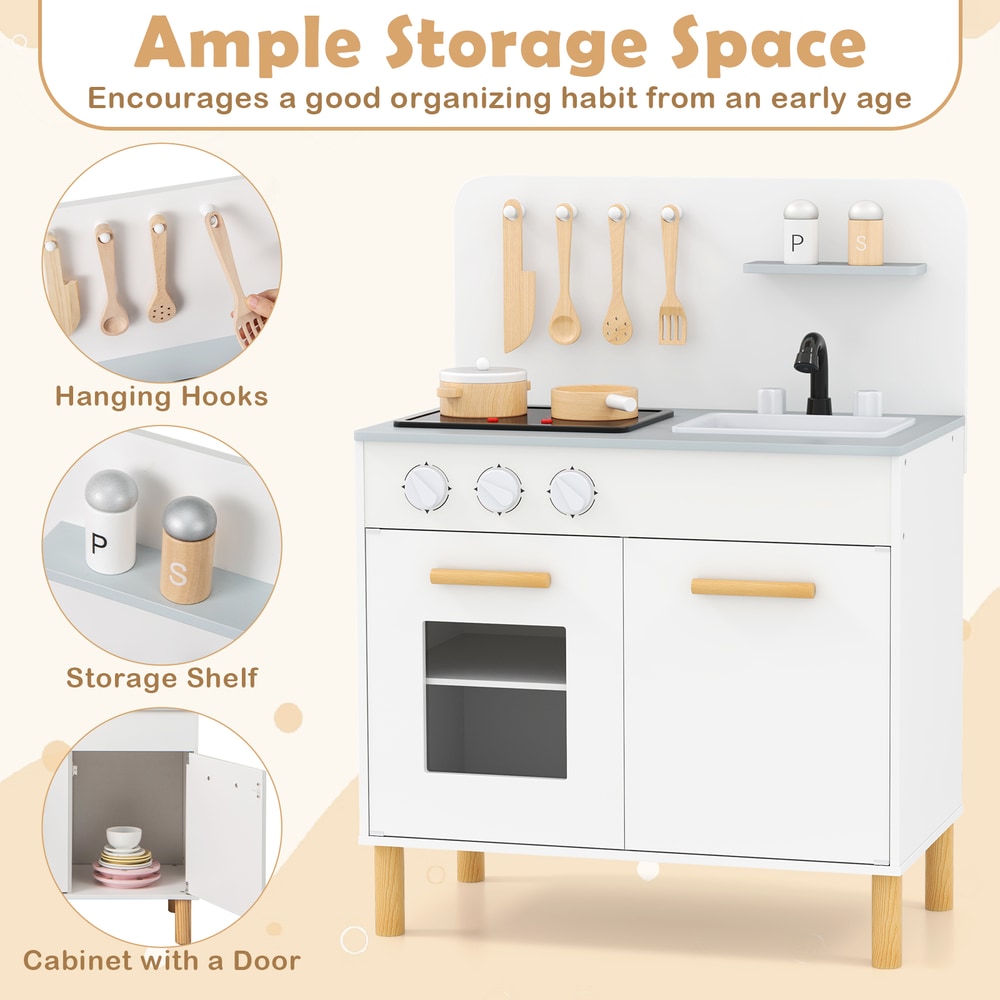 Play kitchen with storage shelf, hanging hooks and cabinet door
