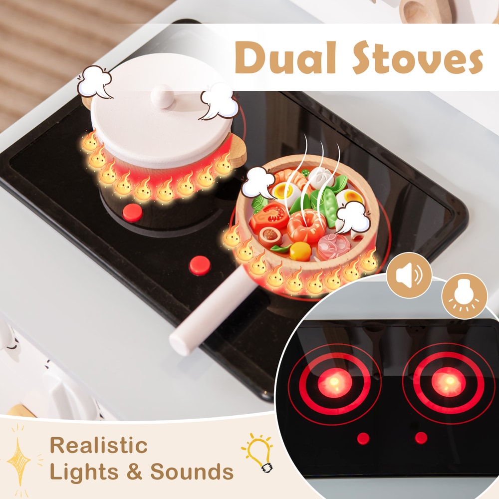Close up of the light up stove with cooking sounds on the play kitchen