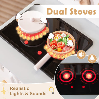 Close up of the light up stove with cooking sounds on the play kitchen
