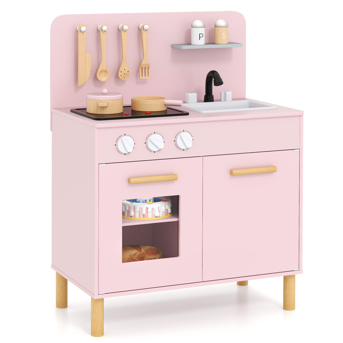 Toddler Pretend Play Kitchen in pink with wooden utensils and a sink on a plain white background