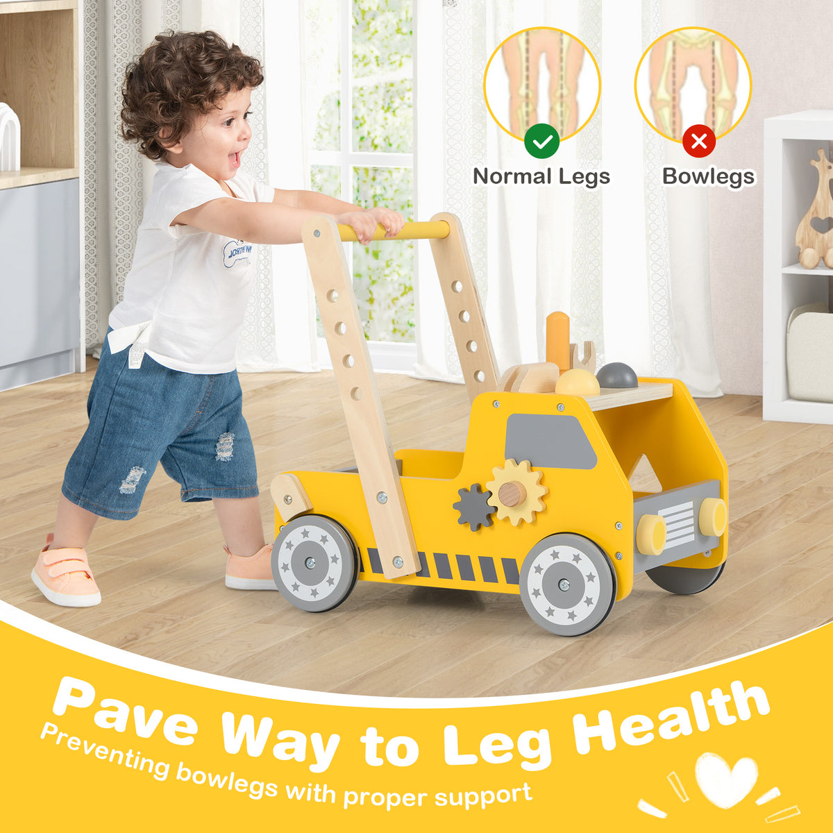 The baby walker in use with an educational graphic about leg health and posture