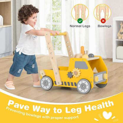 The baby walker in use with an educational graphic about leg health and posture