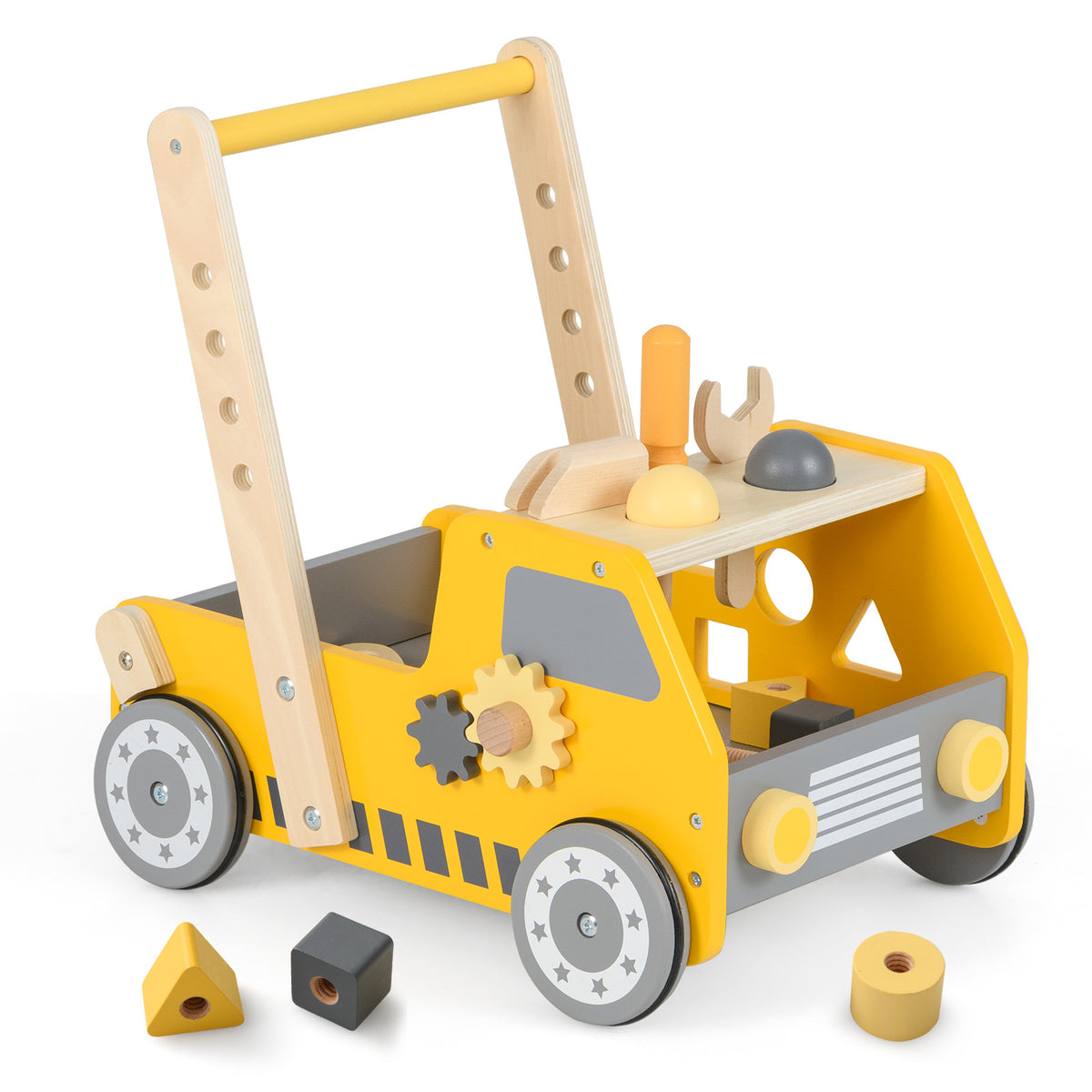 Toddler Push Walker with Adjustable Speed and Bottom Storage in yellow with assorted wooden shapes