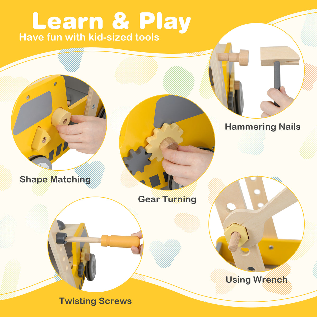The baby walker with four circular insets demonstrating how to use the included tools