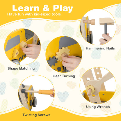 The baby walker with four circular insets demonstrating how to use the included tools