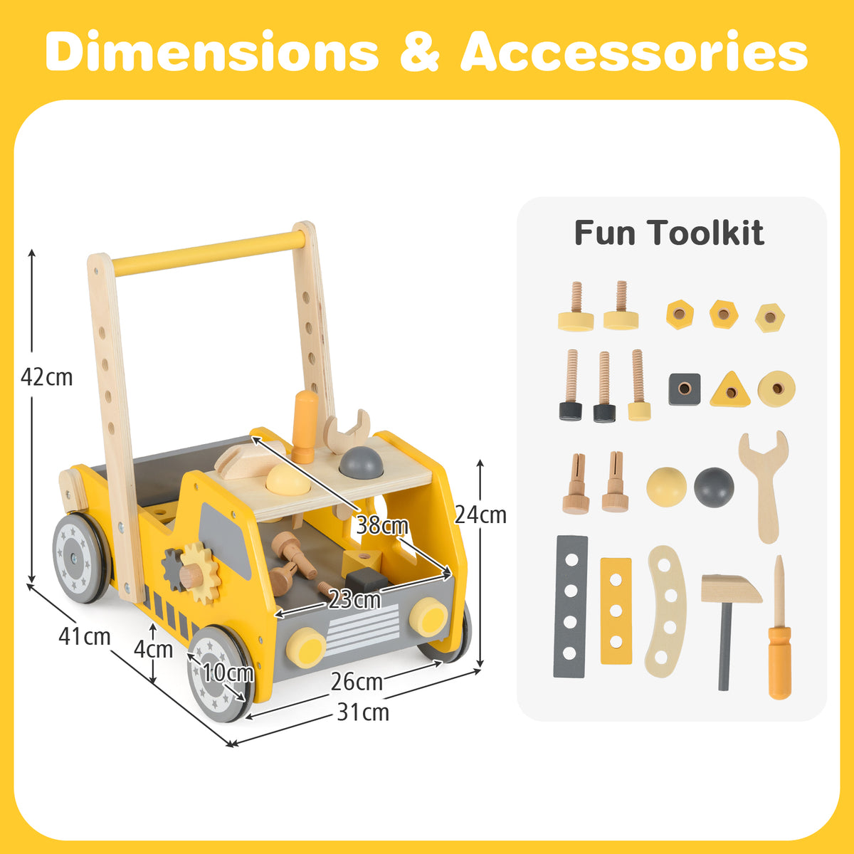 The baby walker shown with various wooden tools and components alongside dimension labels