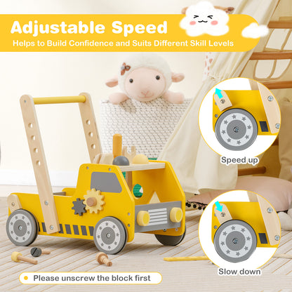 The baby walker with close-up circles showing how to adjust the wheel speed settings