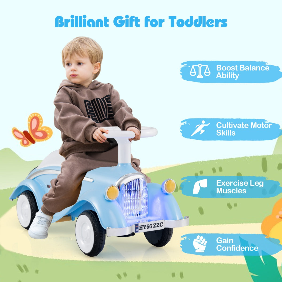 The toddler ride on toy in navy has a steering wheel and lights, with text about benefits