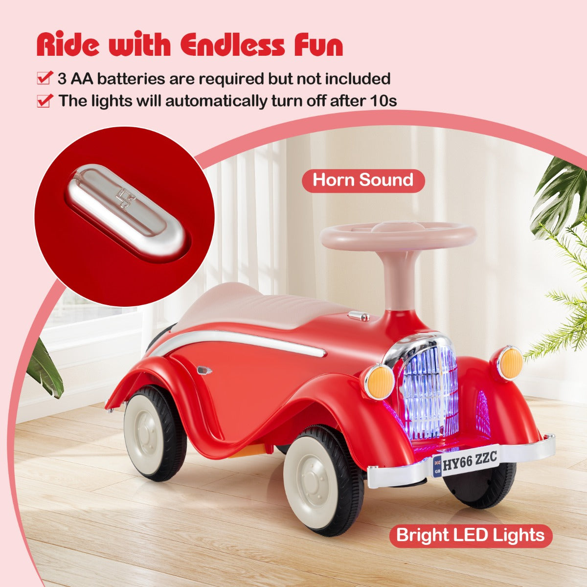 A red ride on car with text about horn sound and bright LED lights