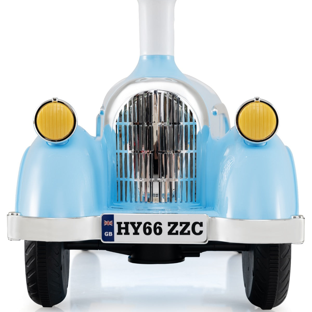 The front of the ride on toy showing the headlights and the number plate detail