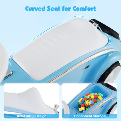 Close up of the toddler ride on toy showing the curved seat and under-seat storage