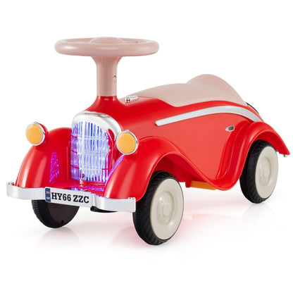 The ride on car shown from a side angle with a bright front grille and beige wheels
