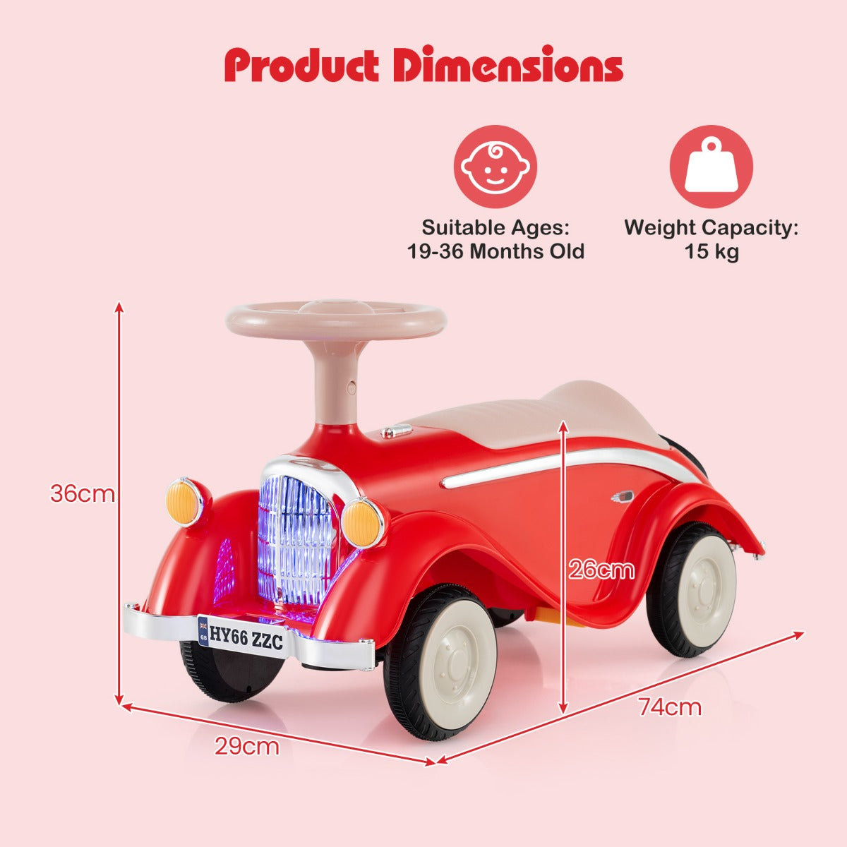 The ride on toy with red arrows indicating the height and length dimensions
