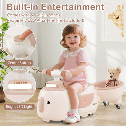 Beige toddler ride on toy with trailer, highlighting built-in entertainment and LED light features