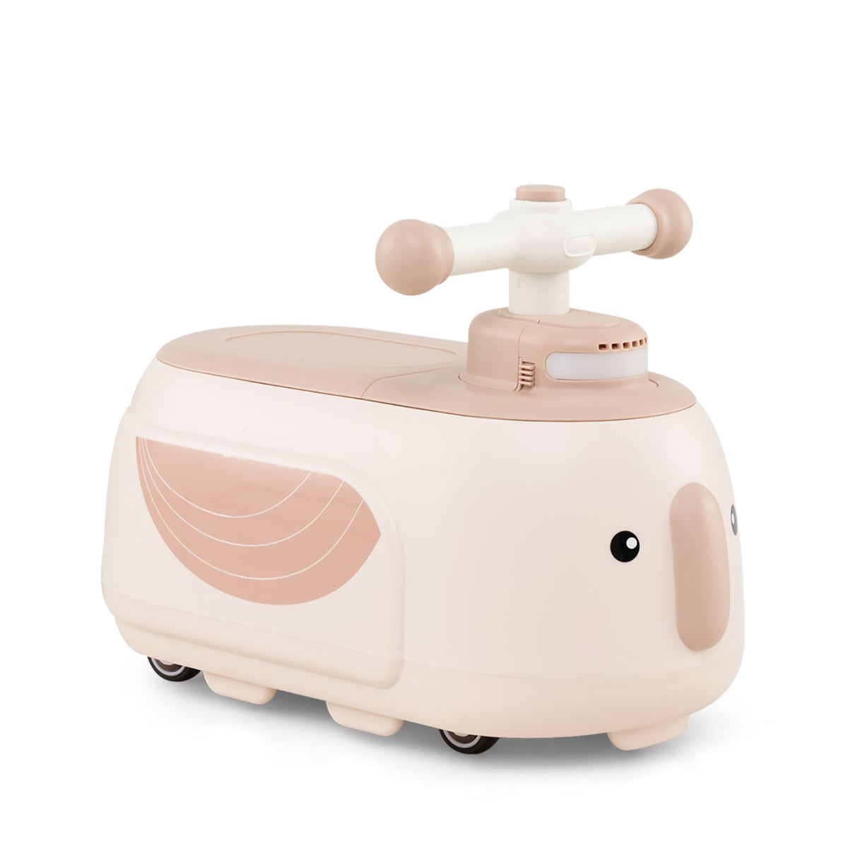 Toddler Ride on Toy with trailer in beige, a cute elephant design with a steering wheel and a detachable trailer