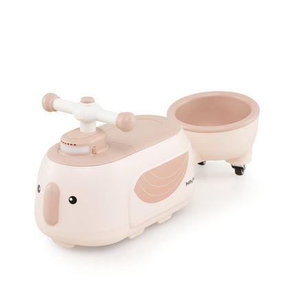 Beige toddler ride on toy with trailer, showing the steering wheel and the detachable trailer