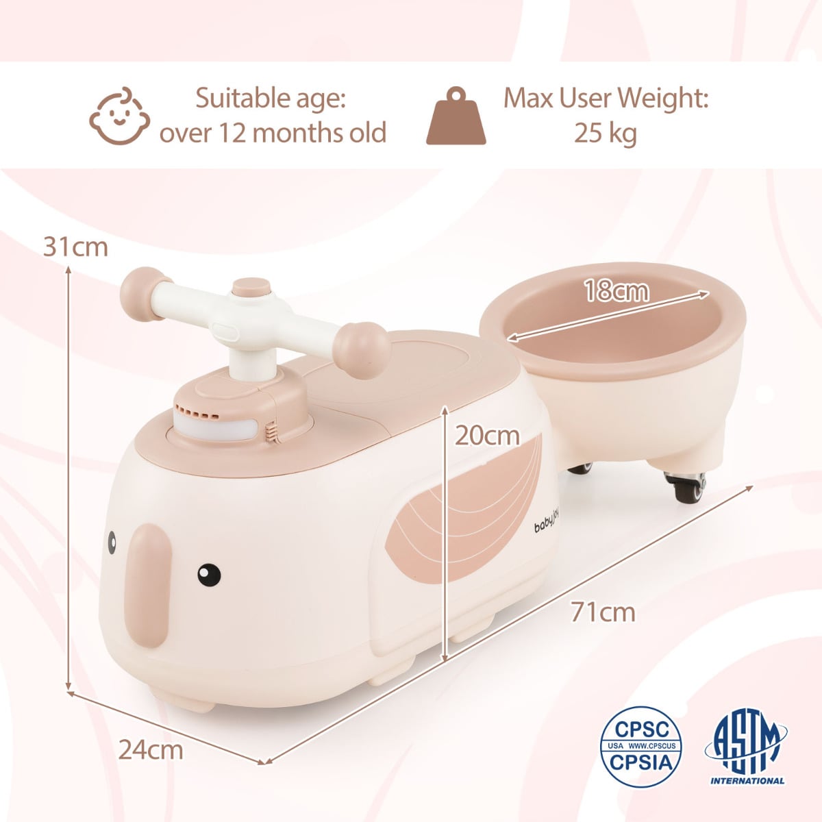 Beige toddler ride on toy with trailer showing dimensions for height, width and depth