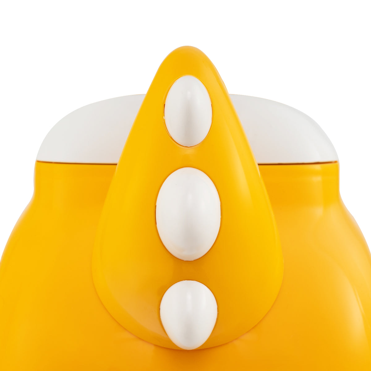 Close up of the three white buttons on the yellow toy's head