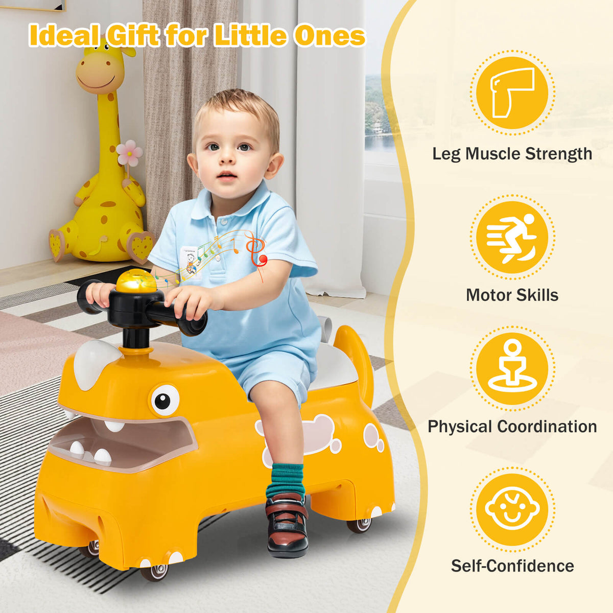 A child sits on the yellow ride on toy indoors, with benefits listed