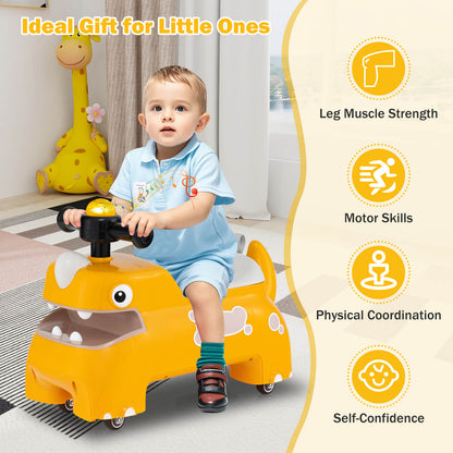 A child sits on the yellow ride on toy indoors, with benefits listed