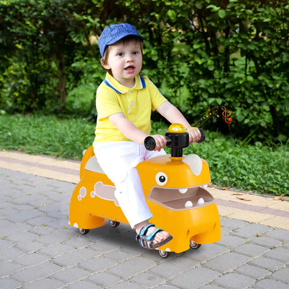 A young boy rides the yellow dinosaur toy outdoors on a paved path