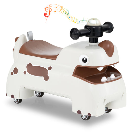 Toddler Ride on Toy in white with brown spots and a music and light feature on the handlebars
