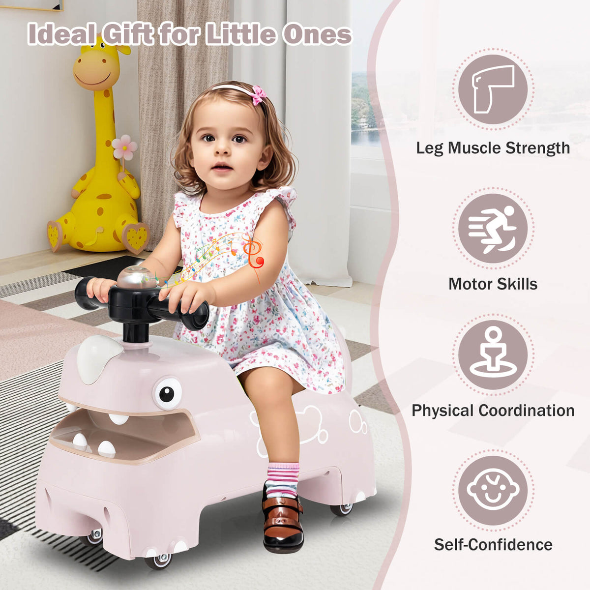 A girl sits on the pink push & pedal ride on toy, with text highlighting benefits for children