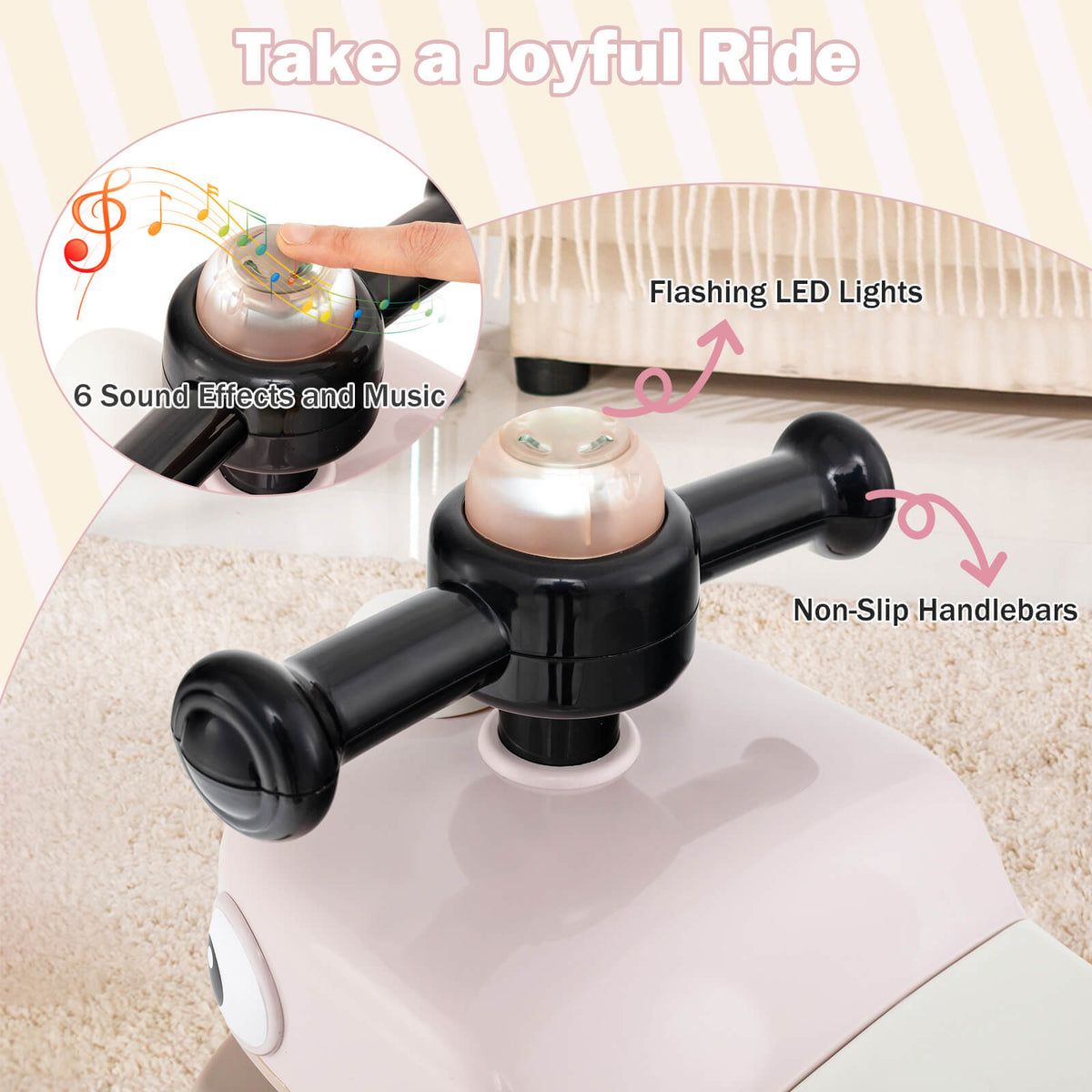 Close up of the flashing LED lights and non-slip handlebars on the pink push & pedal ride on toy