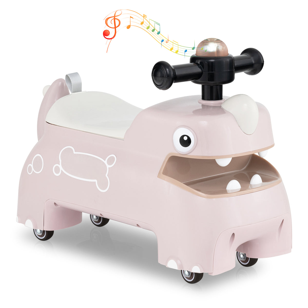 Toddler Ride on Toy with under seat storage with music and lights-pink, a cute pink hippo design with lights on the handlebar
