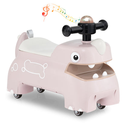 Toddler Ride on Toy with under seat storage with music and lights-pink, a cute pink hippo design with lights on the handlebar