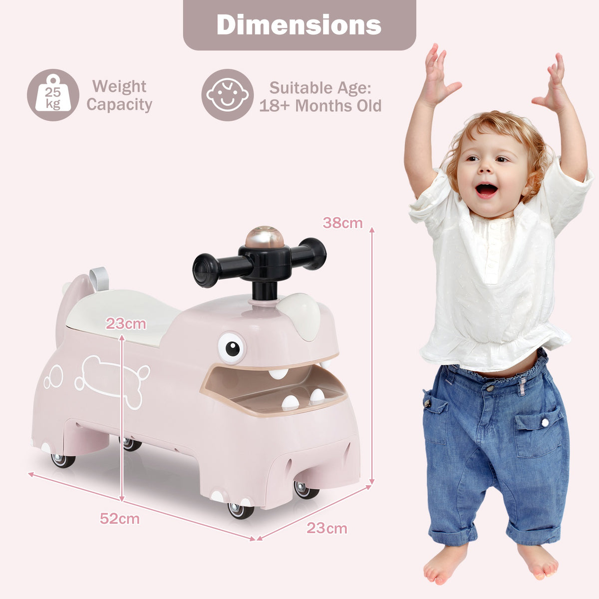 Dimensions diagram showing the pink push & pedal ride on toy with a child for scale