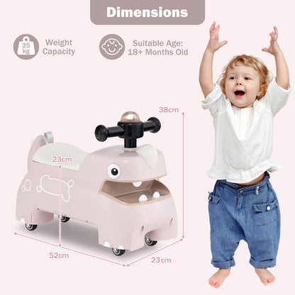 Dimensions diagram showing the pink push & pedal ride on toy with a child for scale