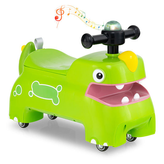Toddler Ride on Toy in green with a dinosaur design and musical light-up handle