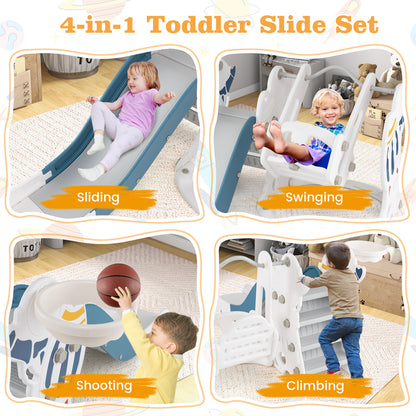 Four activity zones of the blue and white kids slide and swing set: sliding, swinging, shooting hoops, and climbing