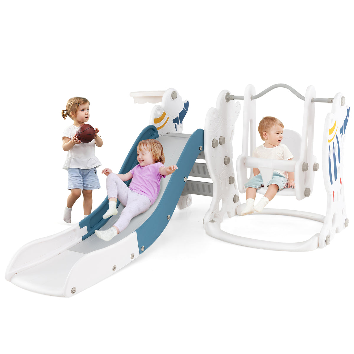 Two toddlers enjoying the blue and white kids slide and swing set, one sliding and one on the swing