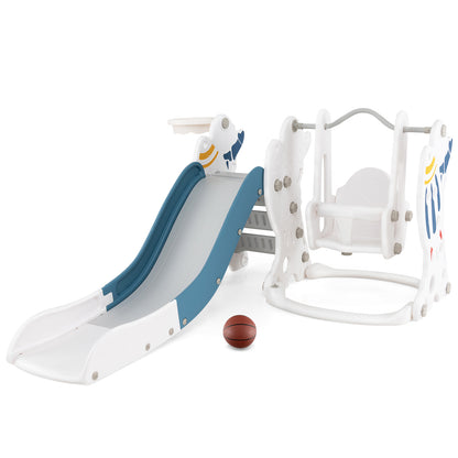 Toddler Slide and Swing Set with Extended Slide, Swing, Basketball Hoop and Climber-Blue, a fun blue and white kids play set