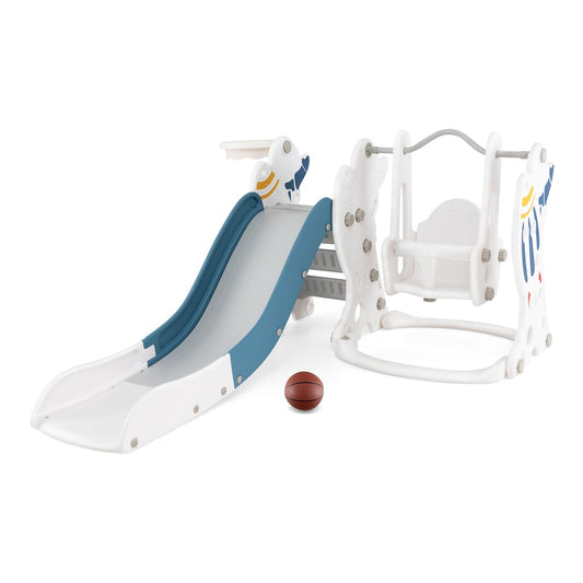 Toddler Slide and Swing Set with Extended Slide, Swing, Basketball Hoop and Climber-Blue, a fun blue and white kids play set